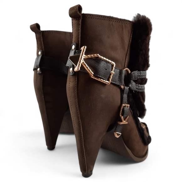 IVY KIRZHNER Shearling Rose Gold Harness Stud Leather Olive Brown Heeled Boot 8 - Picture 8 of 14